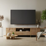 ナチュラルな木製テレビボードと観葉植物、落ち着いた色調のインテリアで統一されたリビング空間